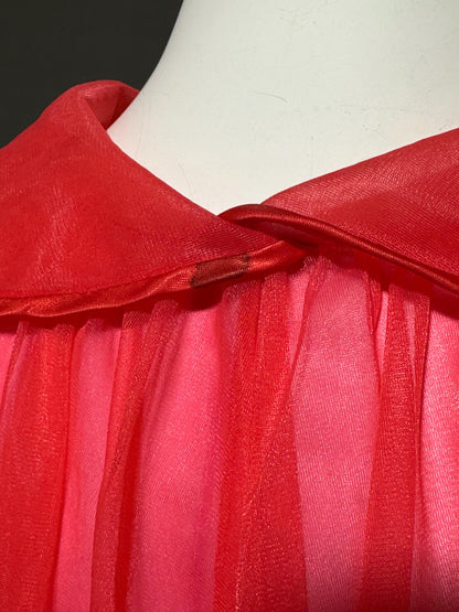 1950s vintage bed night jacket, Cherry Red & Hot Pink double layer chiffon cropped swing style jacket