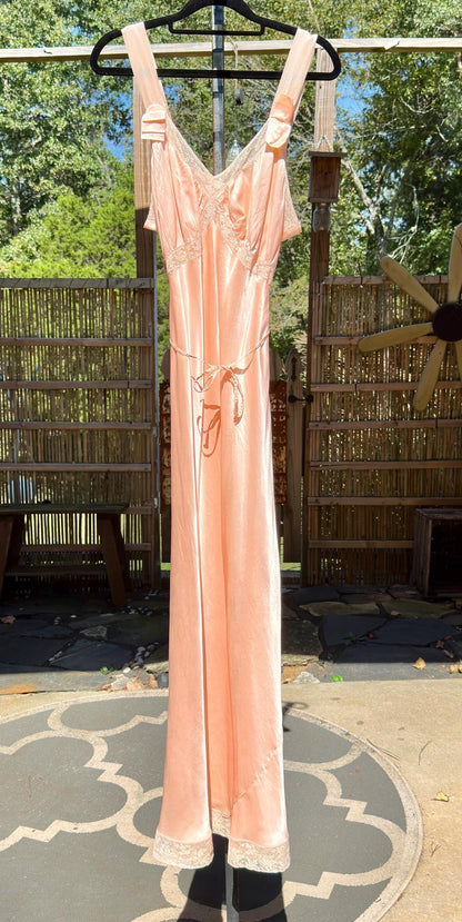 MISS SIREN, vintage 1930s Nightgown slip dress, shiny peach rayon bias cut lacy slip dress