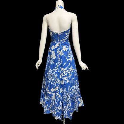 1960s vintage floral maxi dress, Blue white boho hippie halter full ruffle dress, polished cotton summer party sundress