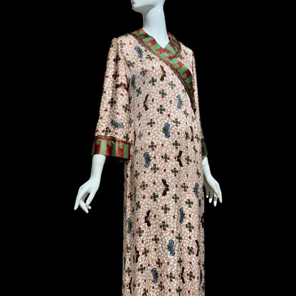 GALITZINE vintage 1960s butterfly print caftan dress, and SAKOWITZ, shift cut gown