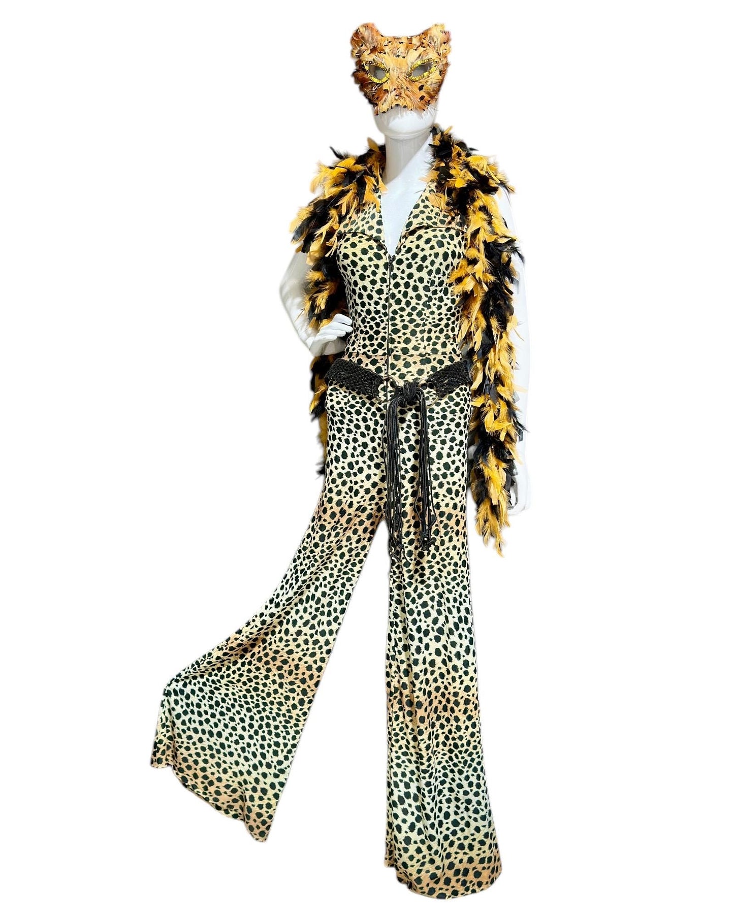 1970s vintage jumpsuit, Animal print BOND GIRL, bell bottom wide leg zip up jump suit