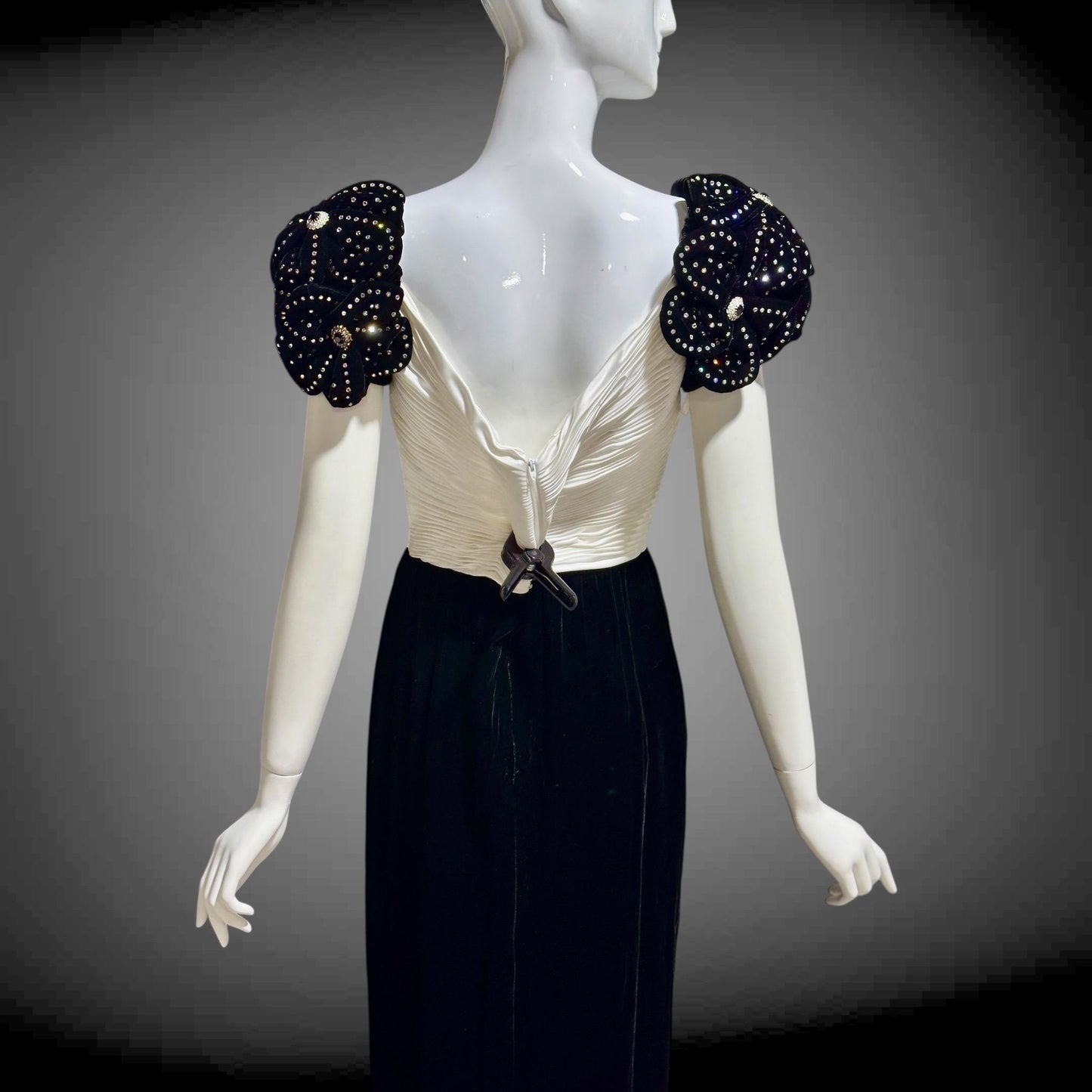 1980s Vintage evening dress gown,  Black Velvet White Plisse and Rhinestones off shoulder gown