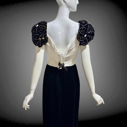 1980s Vintage evening dress gown,  Black Velvet White Plisse and Rhinestones off shoulder gown