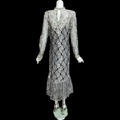 JUDITH ANN, Vintage 1980s sheer beaded dress, Black sheer mesh with beads, Hight neck with ruffle sheath cocktail party dress