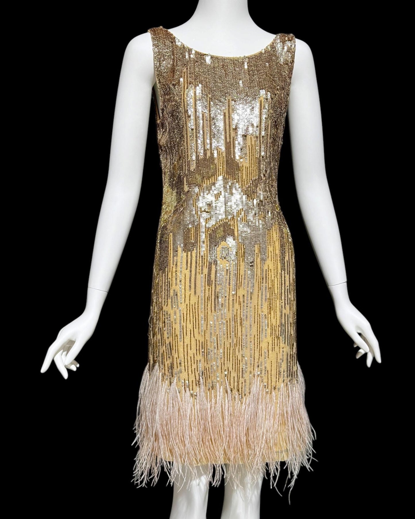 Y2K Gold sequins & pink feathers flapper style party cocktail dress, Custom Made Slip Tank Dress