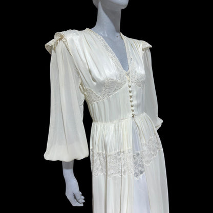 LADY DUFF Vintage 1940s Nightgown Robe Set, Bridal White Peignoir Dressing Gown & Slip Lingerie Dress