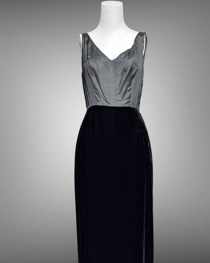 SAKS FIFTH AVE 1960s vintage evening dress, Beaded Black Velvet Green Satin 2 piece long dress