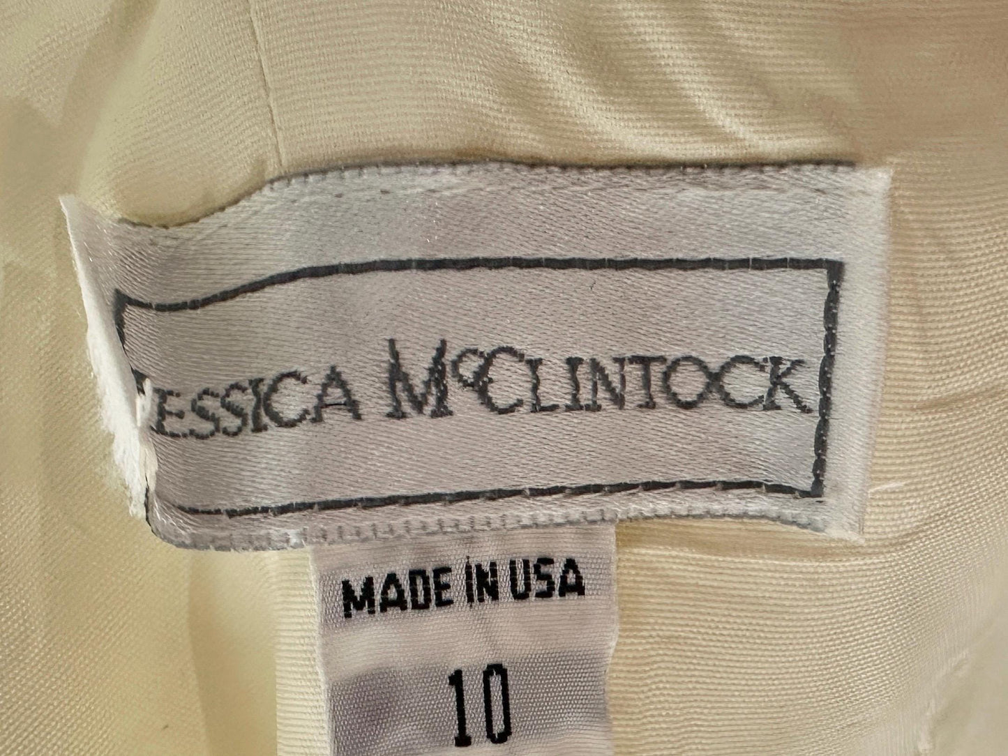 JESSICA MCCLINTOCK, vintage 1980s evening wedding dress, creamy white damask off shoulder gown