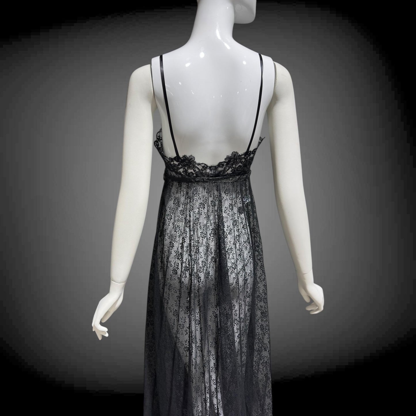 GLYDON'S vintage nightgown slip dress, Hollywood 1960s sheer black lace full length lingerie dress