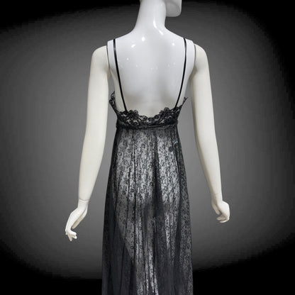 GLYDON'S vintage nightgown slip dress, Hollywood 1960s sheer black lace full length lingerie dress