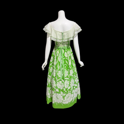 1970s vintage off shoulder maxi dress, Ruffle collar, sheer green and white floral, organza evening party dress