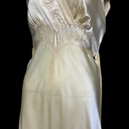 1940s vintage Silk Nightgown slip dress, Butter yellow bias cut embroidered lace slip dress