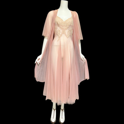 VANITY FAIR Peignoir set, Vintage 1940s Dusty Pink pleated bridal slip dress and robe