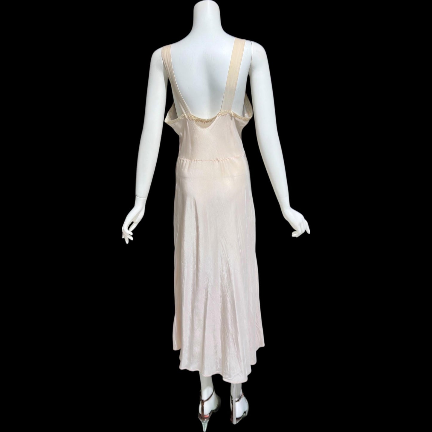 1930s Rayon & Silk Slip Dress: Vintage Bias Cut Pale Pink Nightgown, Lace Trim