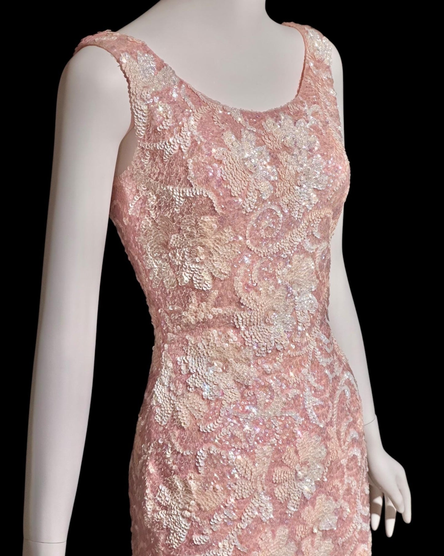 1960s vintage pink sequin slip tank cocktail dress, Wool knit Stretchy bombshell cut