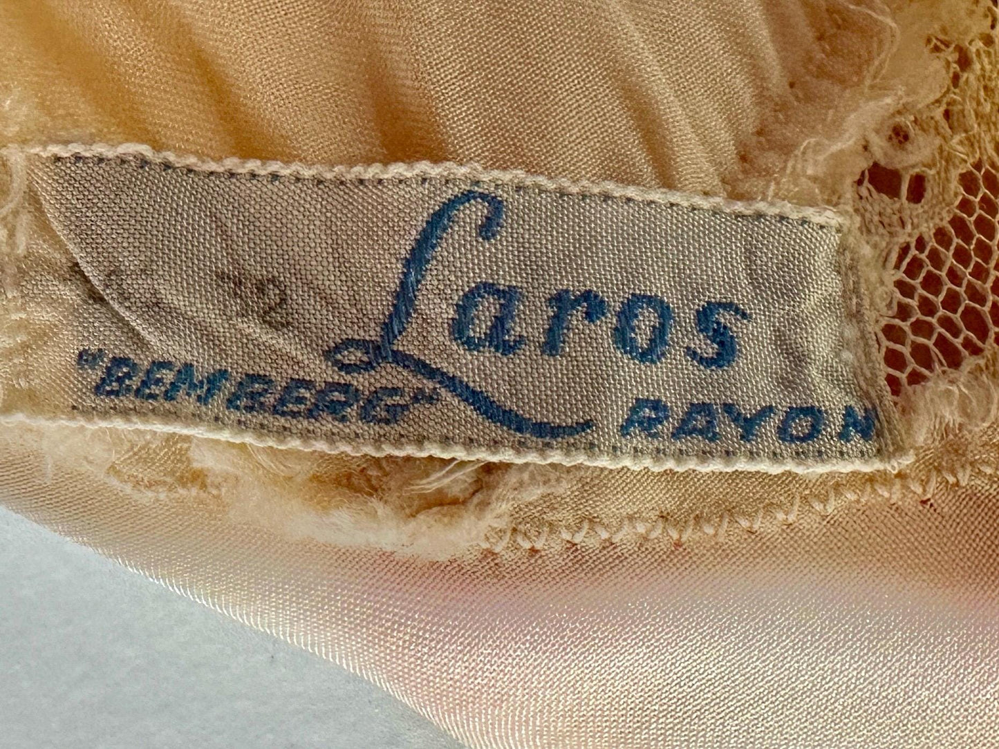 LAROS, vintage 1940s nightgown slip dress, soft peach bias cut Bemberg rayon slip dress