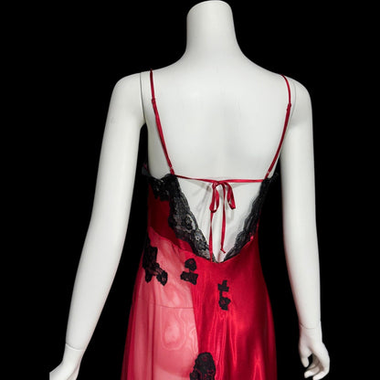 FREDERICK'S Attributed, vintage 1980s Slip Dress, Red and black satin and sheer mesh, lace and sequins, sheath night dress