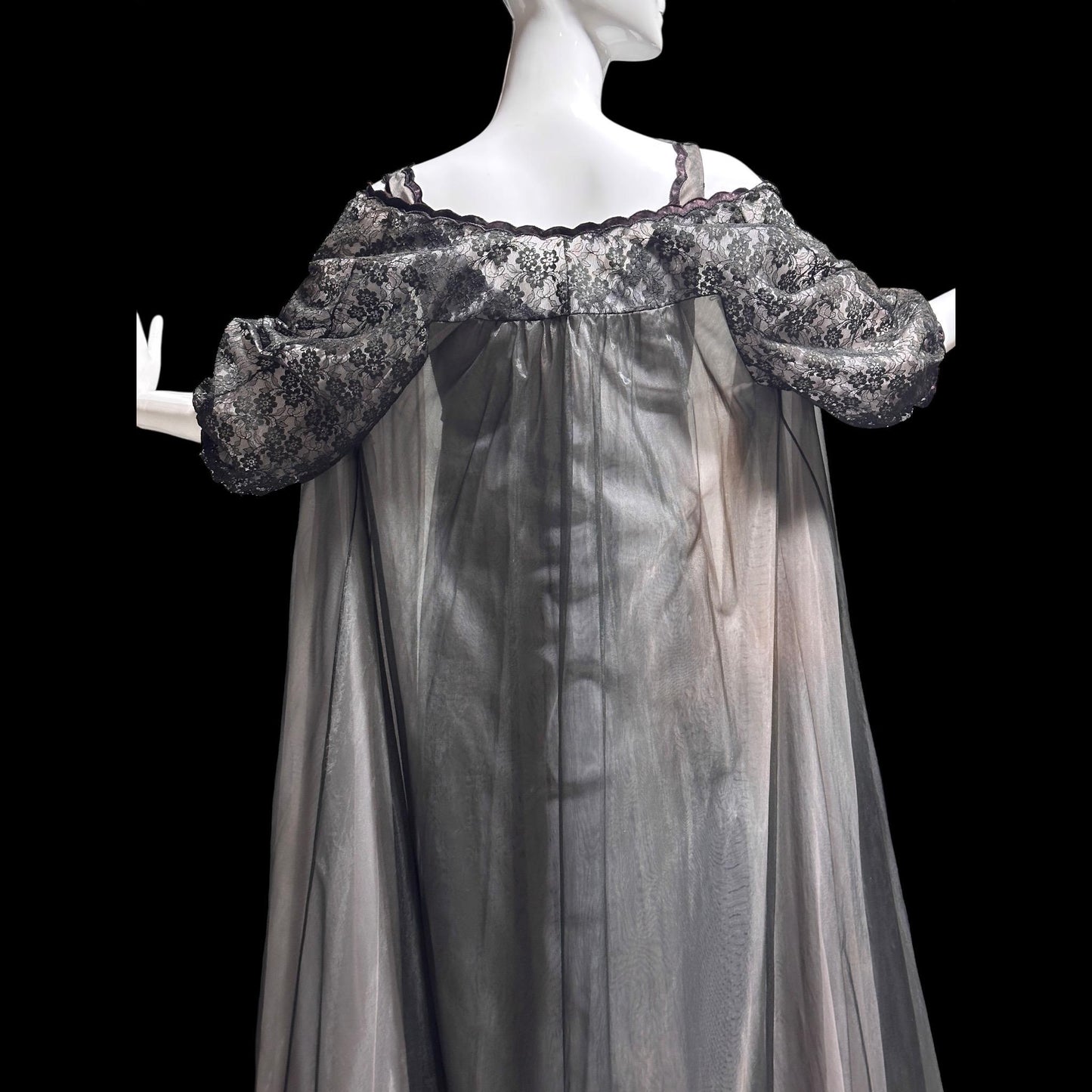 Warner's vintage 1960s peignoir set, frothy sheer black and pink chiffon nightgown robe set