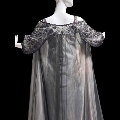 Warner's vintage 1960s peignoir set, frothy sheer black and pink chiffon nightgown robe set