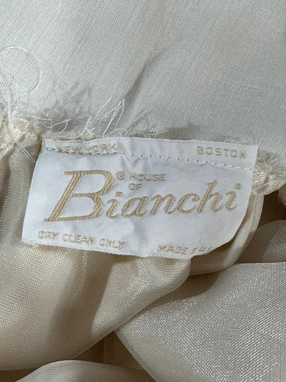 HOUSE of BIANCHI, vintage 1970s wedding dress, romantic boho white silk satin poet sleeve bridal gown