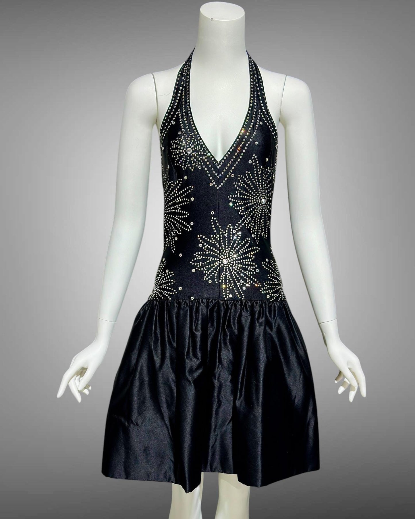 1980s vintage evening cocktail dress, stretchy black halter top with bubble mini skirt party dress