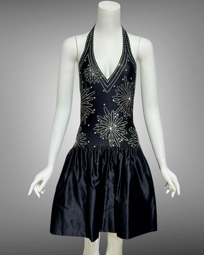 1980s vintage cocktail dress, stretchy black halter top with bubble mini skirt party dress