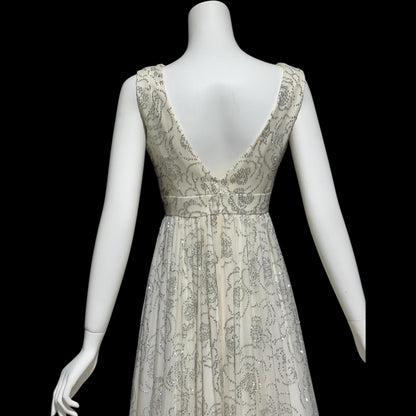 1960s vintage evening dress gown, white chiffon with sparkly silver rose sequins wedding bridal gown