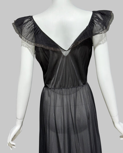 KAYSER vintage 1950s nightgown slip dress, ethereal sheer black chiffon and lace micro pleat gown