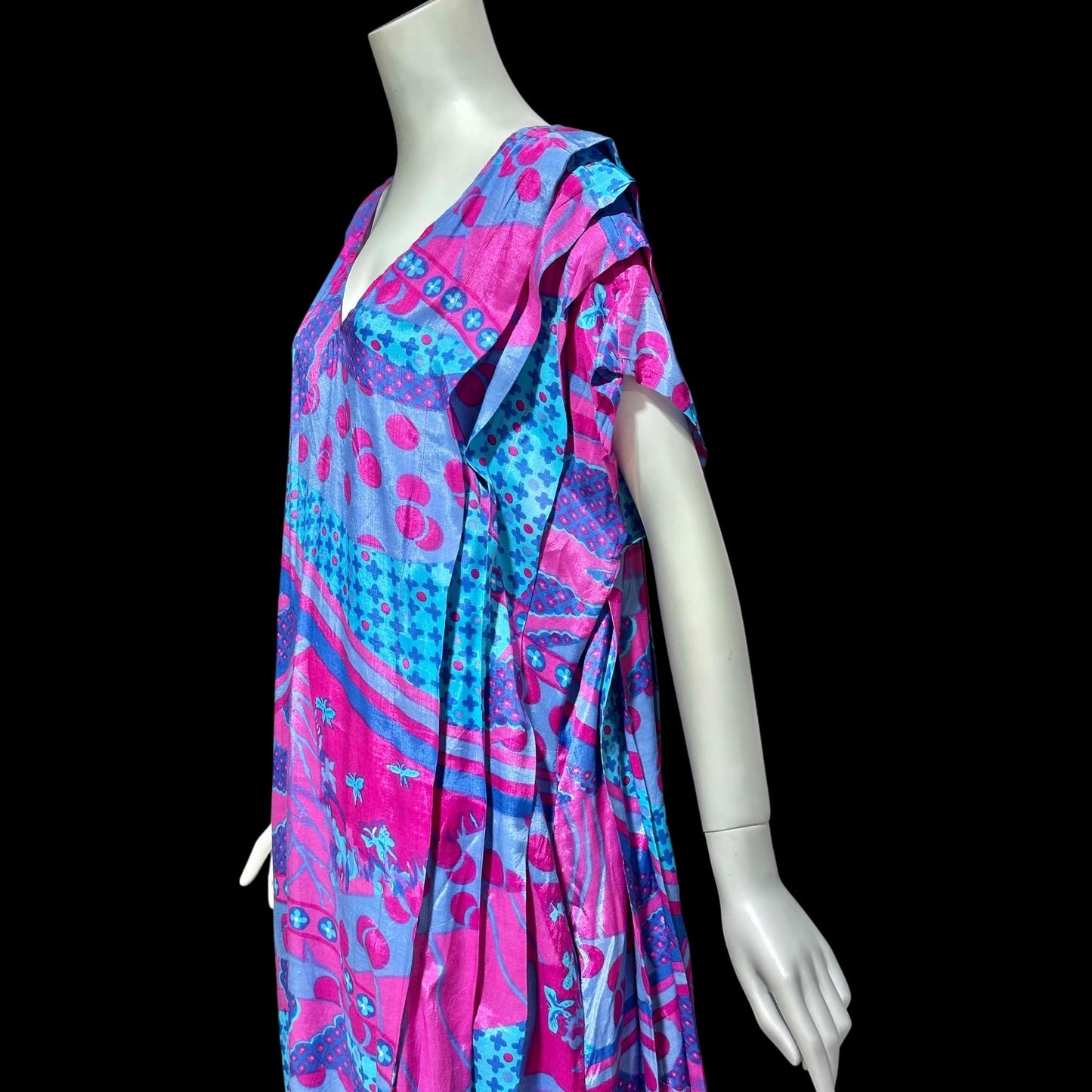 SULTANA by ADINI vintage 1970s caftan dress, blue purple and hot pink op art rayon