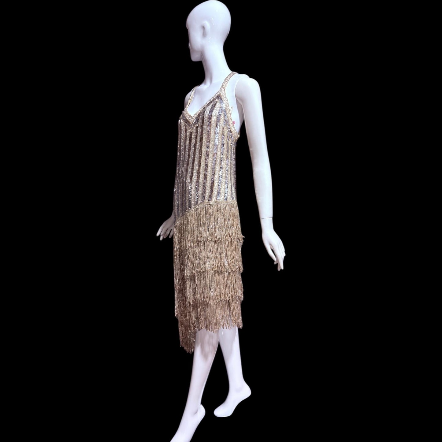 FRANK USHER vintage 1980s evening dress, Silver sequin and fringe cocktail flapper slip dress