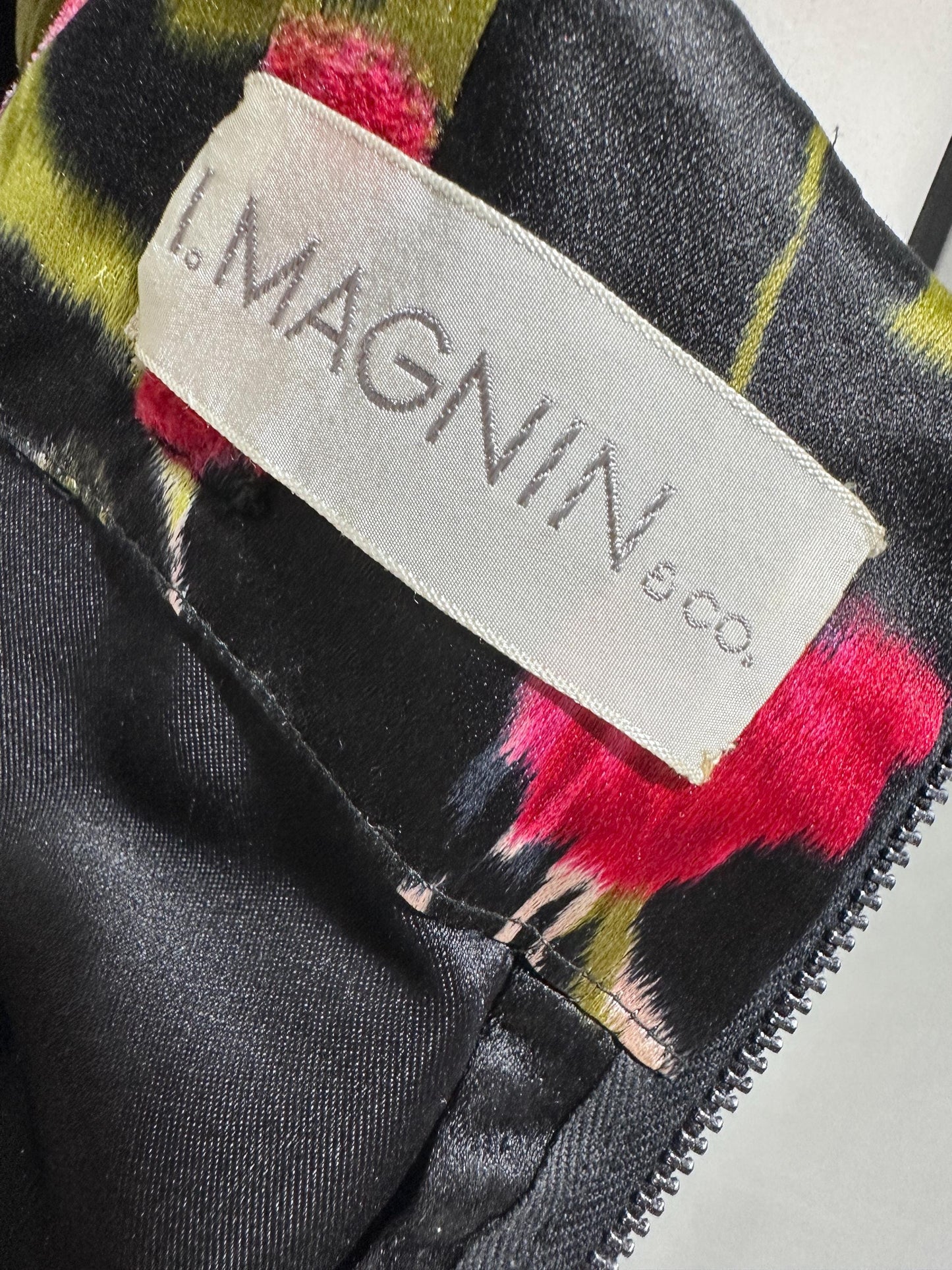 I. MAGNIN vintage 1950s evening dress, black floral cocktail party dress, Black with magenta poppies