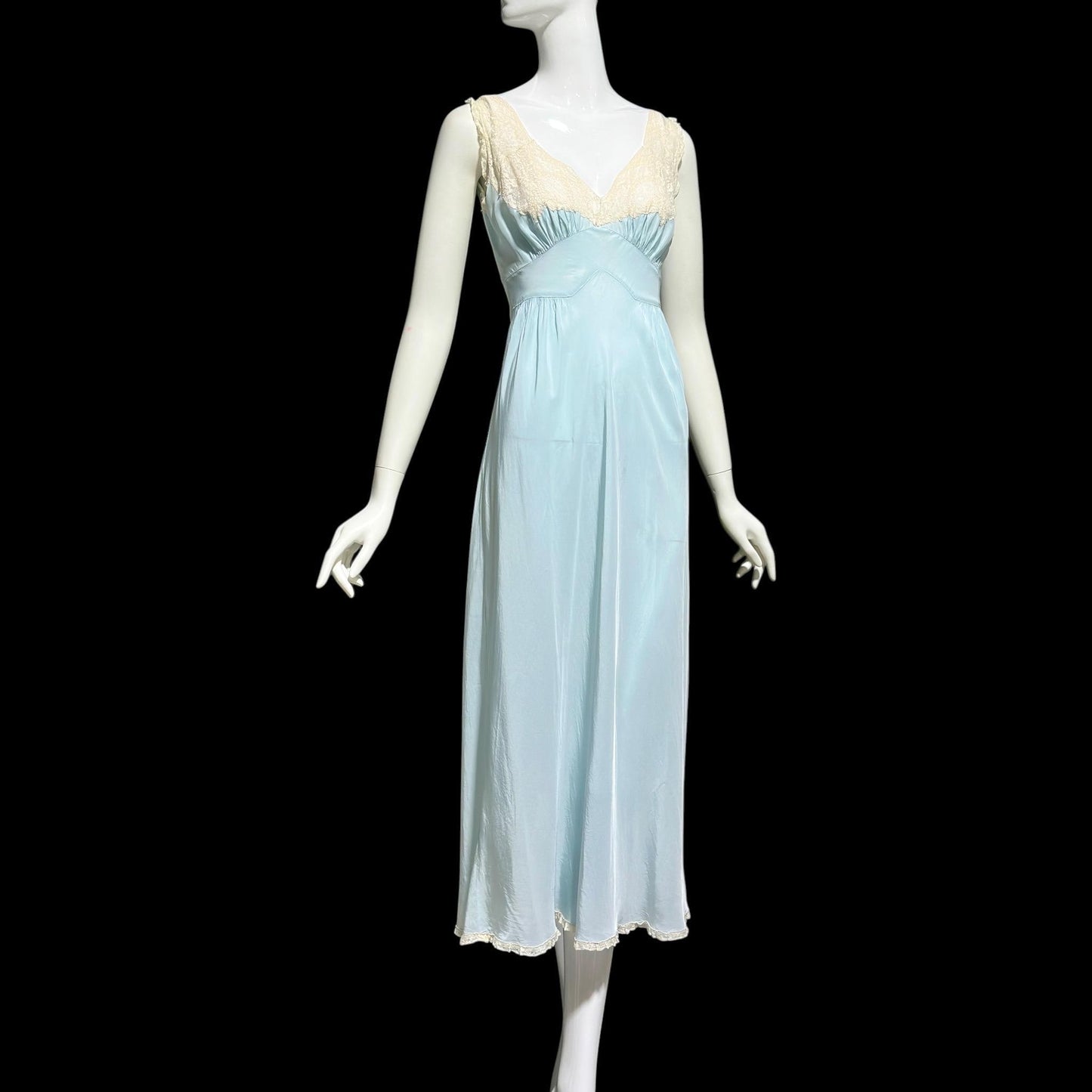 TROUSSEAUX vintage 1940s nightgown slip dress, powder blue rayon lingerie dress, full length