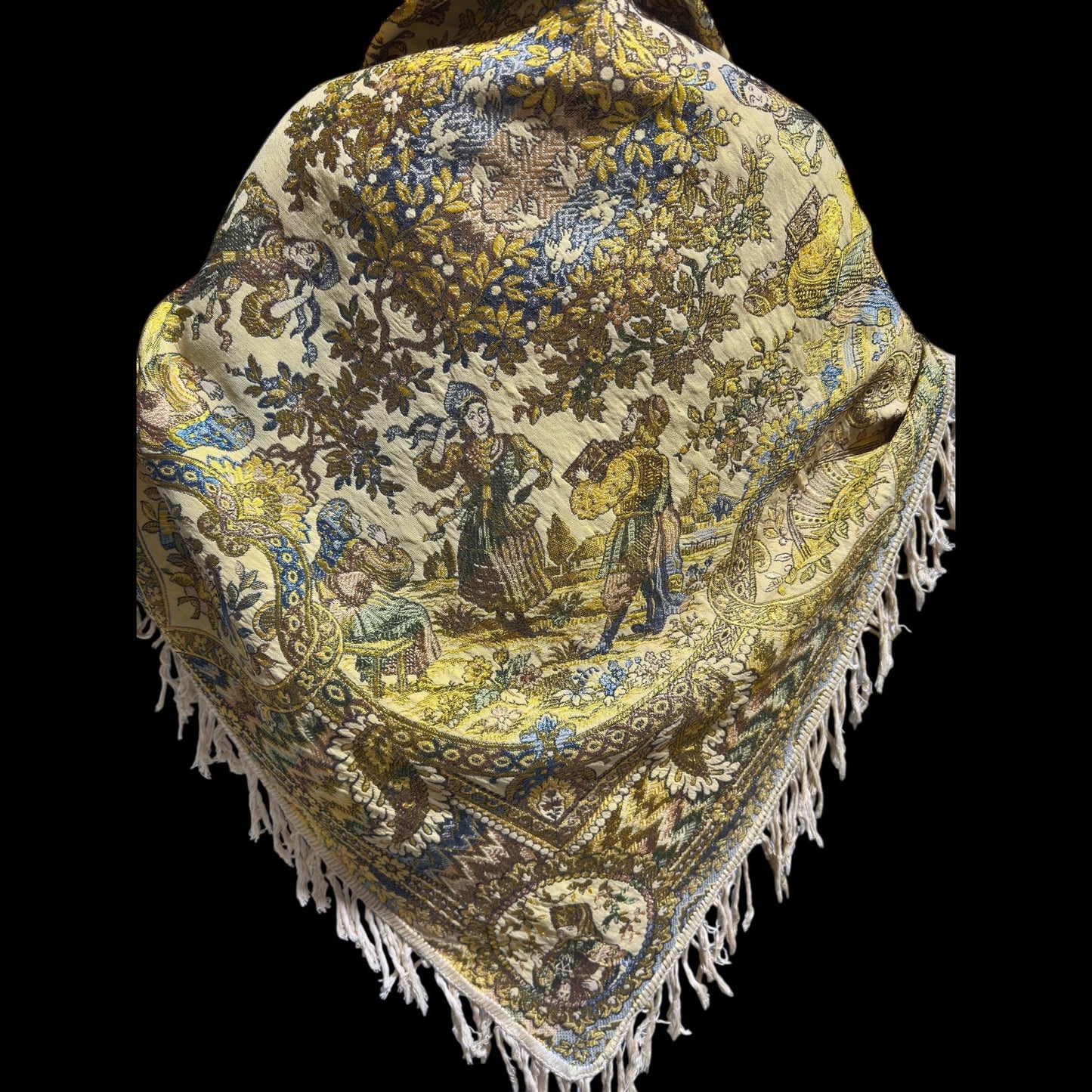 1800s Antique Vintage Silk Tapestry, Victorian Russian fringed jacquard shawl, Tablecloth or Wrap