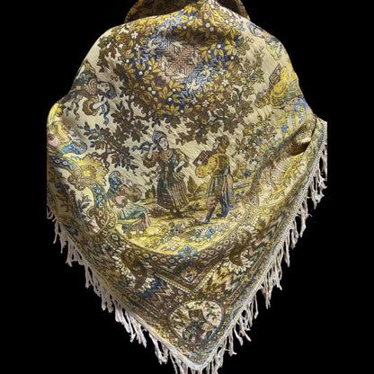 1800s Antique Vintage Silk Tapestry, Victorian Russian fringed jacquard shawl, Tablecloth or Wrap