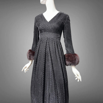 LILLIE RUBIN Vintage 1970s evening gown, Black eye lash Sparkly Gown with Fur Cuffs