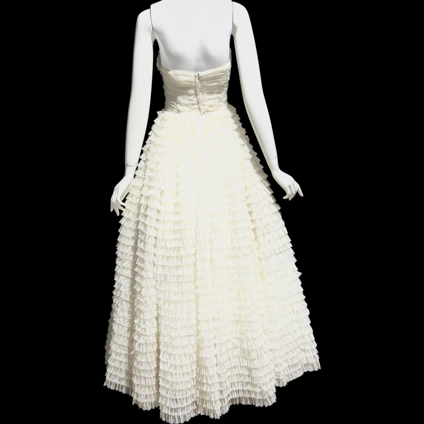 1950s vintage wedding prom gown, off white tiered lace and tulle cupcake dress, ruffled meringue ball gown