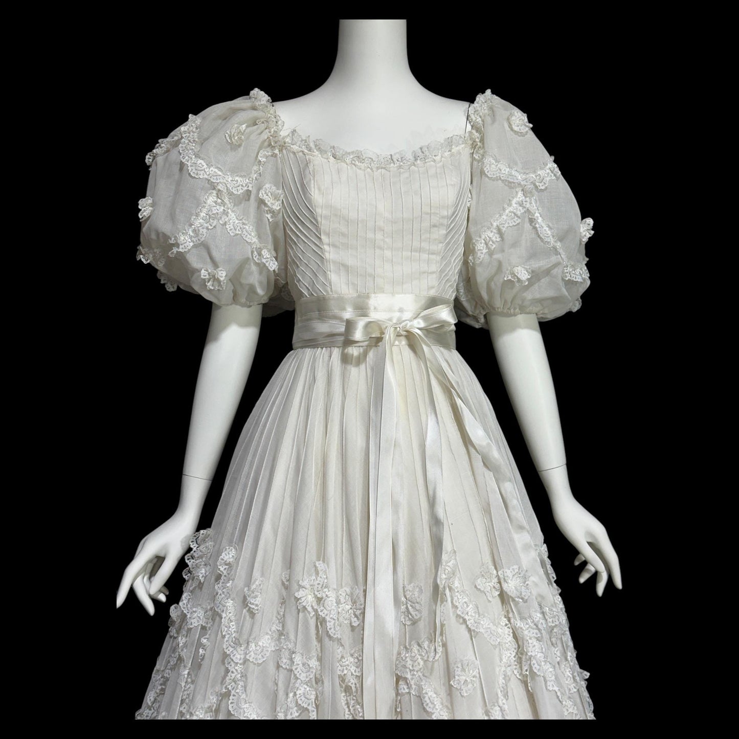 1970s Mexican Wedding dress, White cotton tiered lace ball gown, off shoulder huge Sleeves Bohemian gown