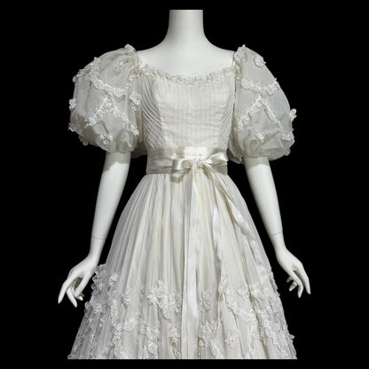 1970s Mexican Wedding dress, White cotton tiered lace ball gown, off shoulder huge Sleeves Bohemian gown