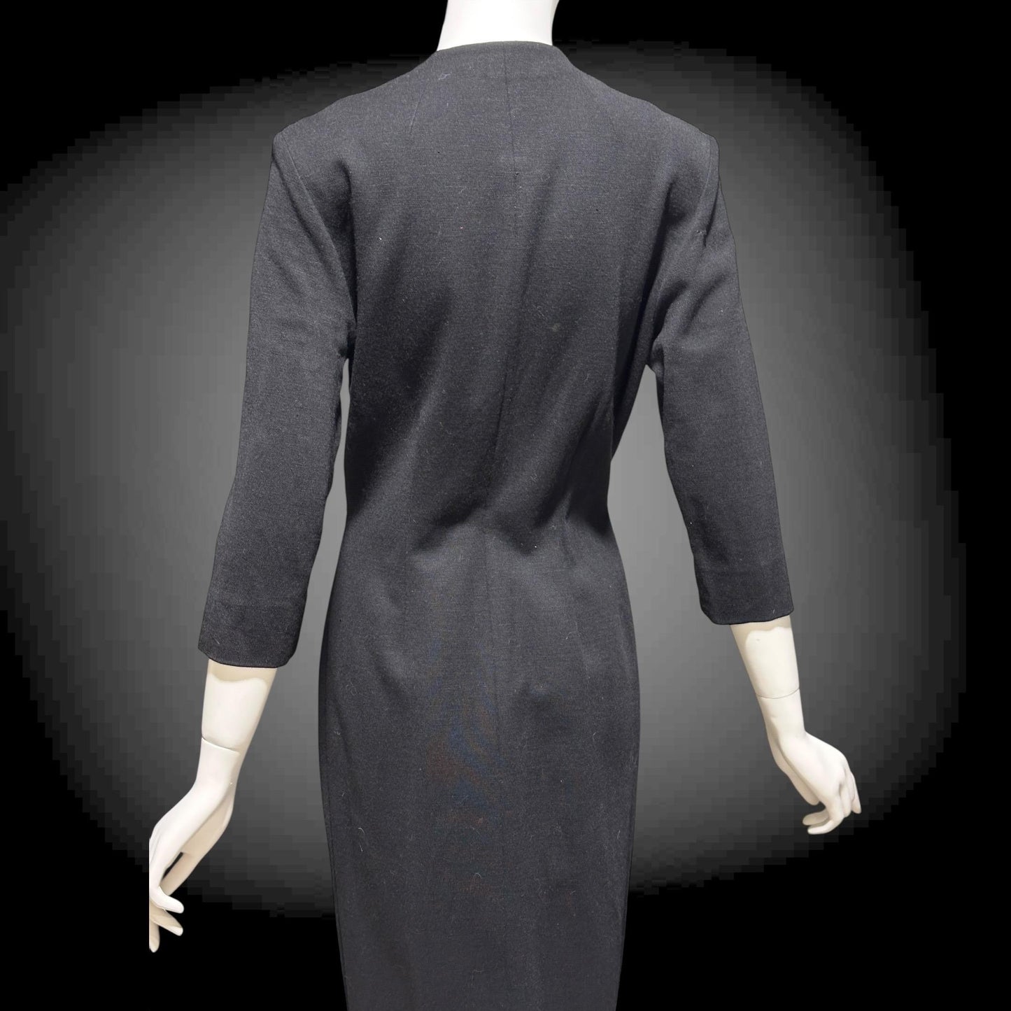 TRICOSA PARIS vintage 1950s coat dress, black knit bombshell wiggle dress, button front