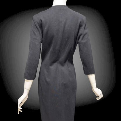 TRICOSA PARIS vintage 1950s coat dress, black knit bombshell wiggle dress, button front