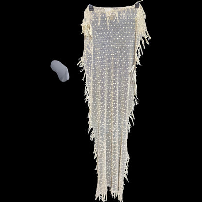Victorian Edwardian fringed shawl scarf, Creamy White net and yarn Bridal Wrap