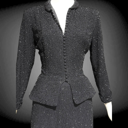 CEIL CHAPMAN vintage 1940s Beaded Evening Suit, Black crepe Cocktail Skirt and Jacket set