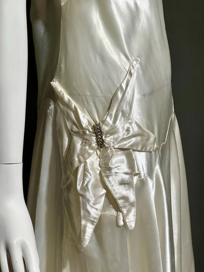 1940s vintage wedding dress, shimmering white satin tea length bridal ball gown