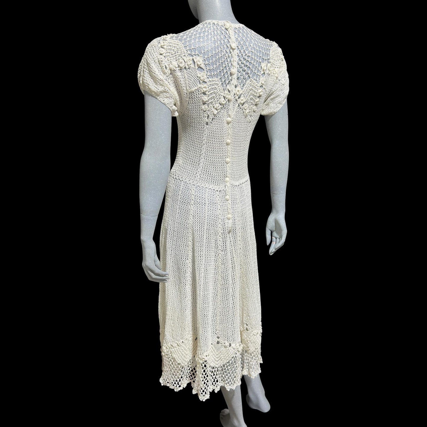 1970s vintage white crochet dress, all cotton blouson shirtdress, midi length