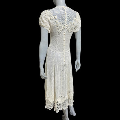1970s vintage white crochet dress, all cotton blouson shirtdress, midi length