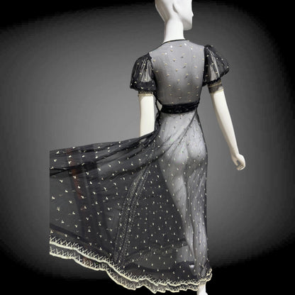 1930s Vintage Sheer Lace Evening Dress: Black embroidered babydoll Dress