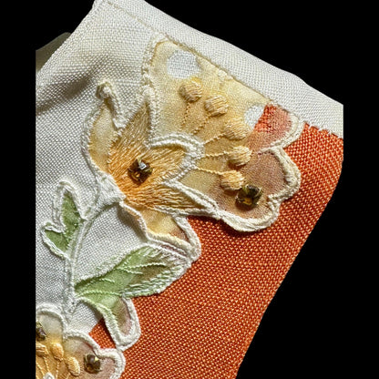 CHARLES WARNER, vintage 1960s Linen day dress, organza floral trim, Cocktail luncheon dress