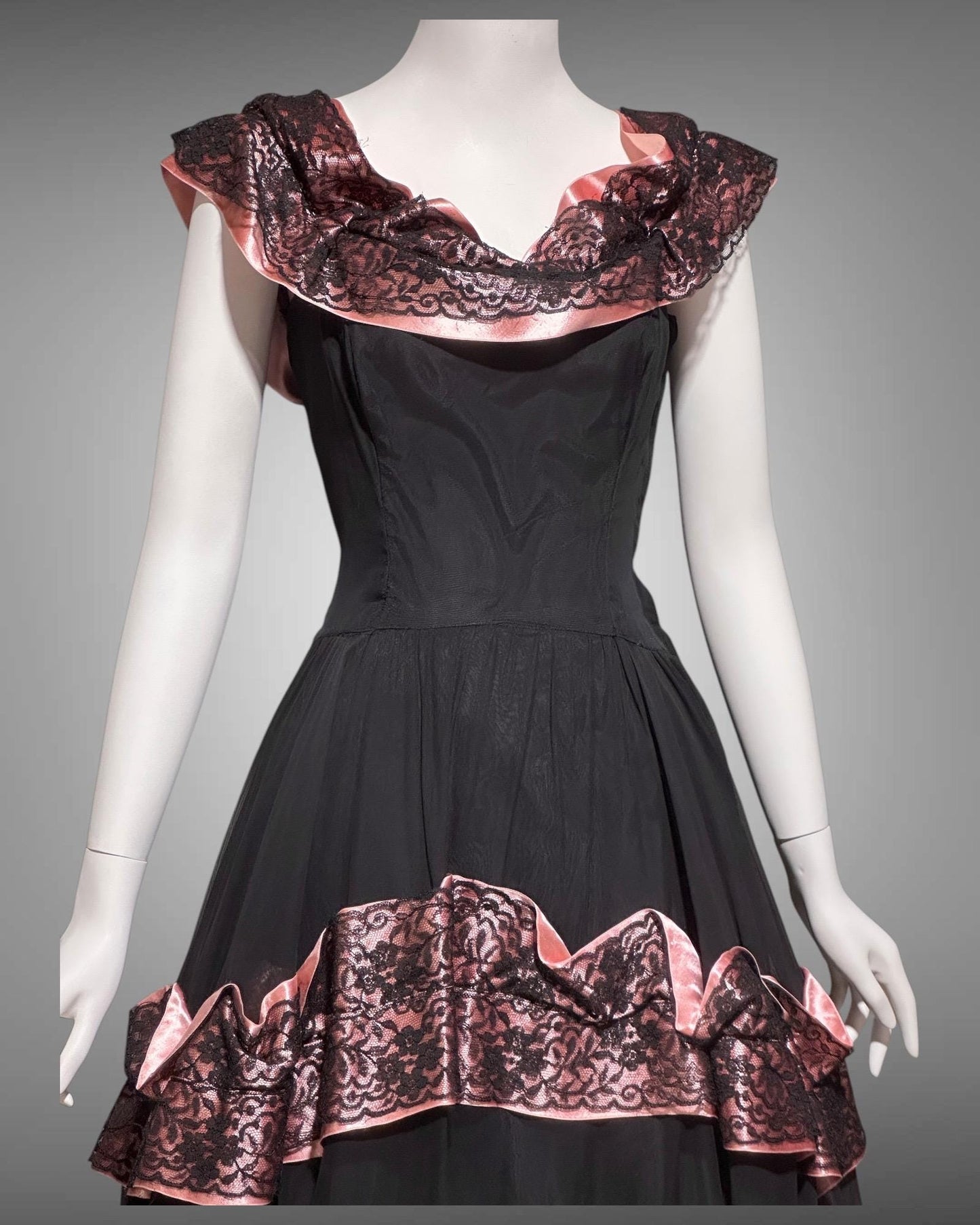 1940s vintage evening dress gown, Black mesh and pink Satin ball gown