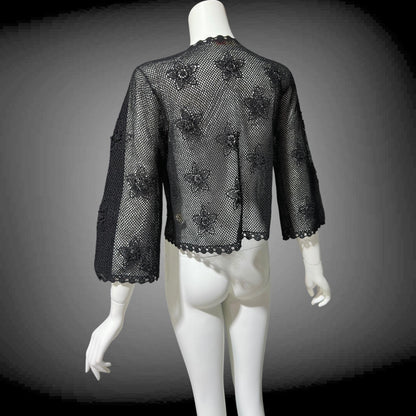 1950s vintage crochet cardigan, black 100% cotton Hand Made Shanghai cropped sweater