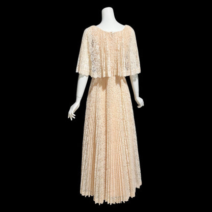 1970s vintage evening dress, peachy lace pleated dress, ruffled cape collar hippie boho chic evening gown, 36 bust